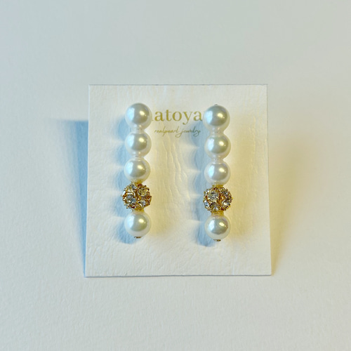 あこや真珠 5連コネクトパールピアス ラインストーンボールゴールド