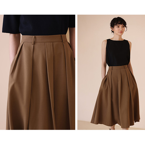 ウール混紡スカートプリーツスカート　テンセル混紡スカート　フレアスカート　ブラウン　S-XL #0175 6枚目の画像