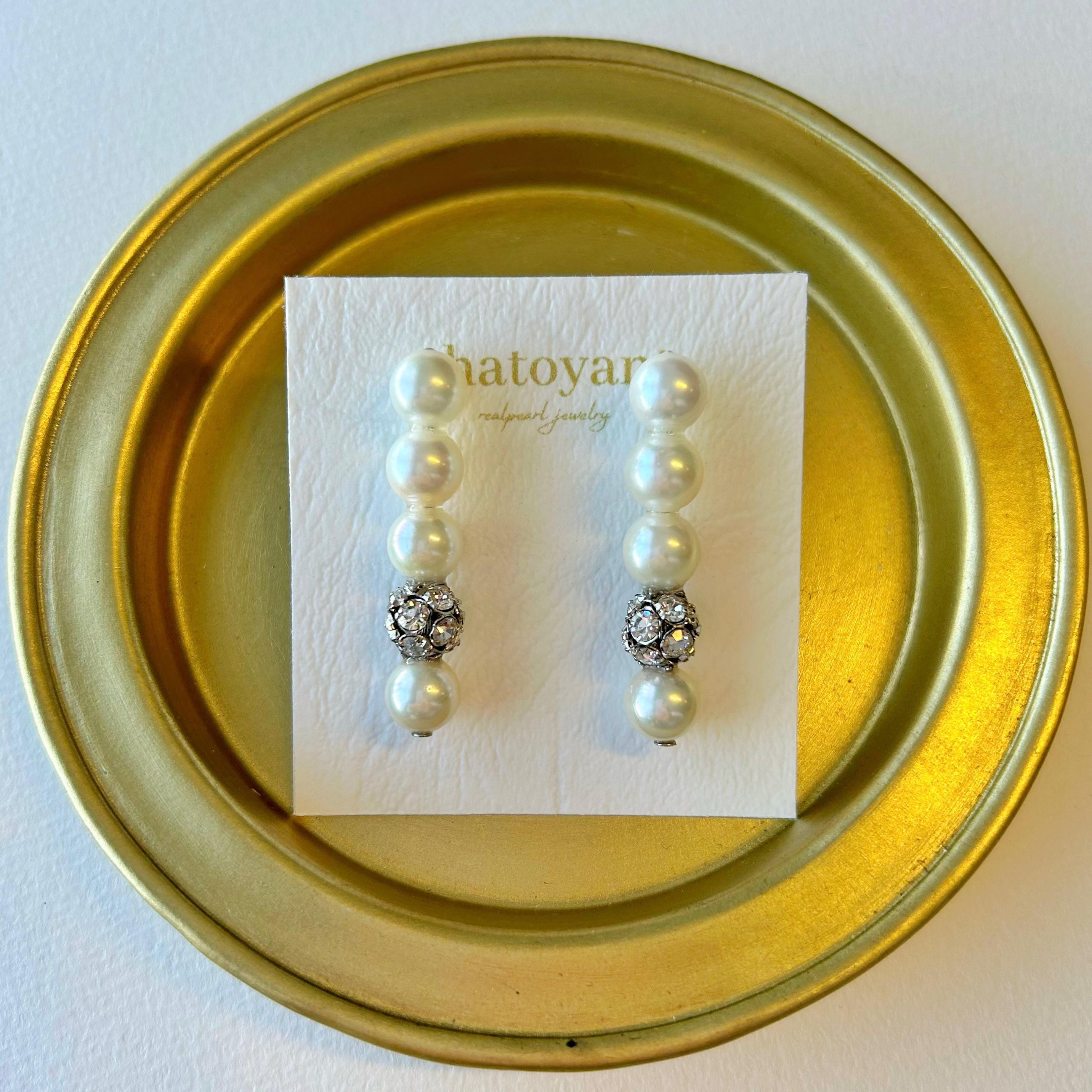 あこや真珠　5連コネクトパールピアス　ラインストーンボールシルバー(イヤリング変更可)