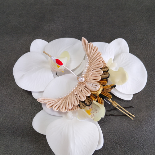 祝鶴✵中» つまみ細工 髪飾り 金通し金黒 ヘア飾り 振袖 和装 成人式