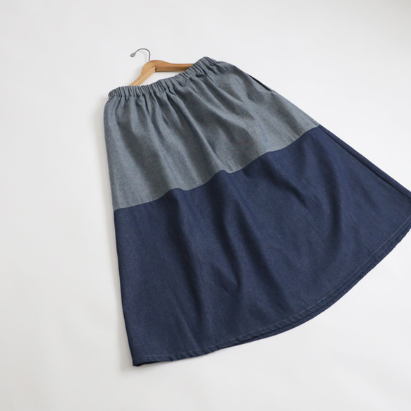 ⁂ラスト１　最終ＳＡＬＥ　８０cm　愉快なスカート　２色パッチワーク　ギャザー　スカート　甘織デニム　調節ゴム穴Y99F 11枚目の画像
