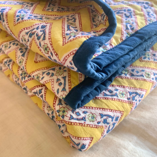 インド綿ベビーキルト ハンド ブロックプリント 花柄グリーン