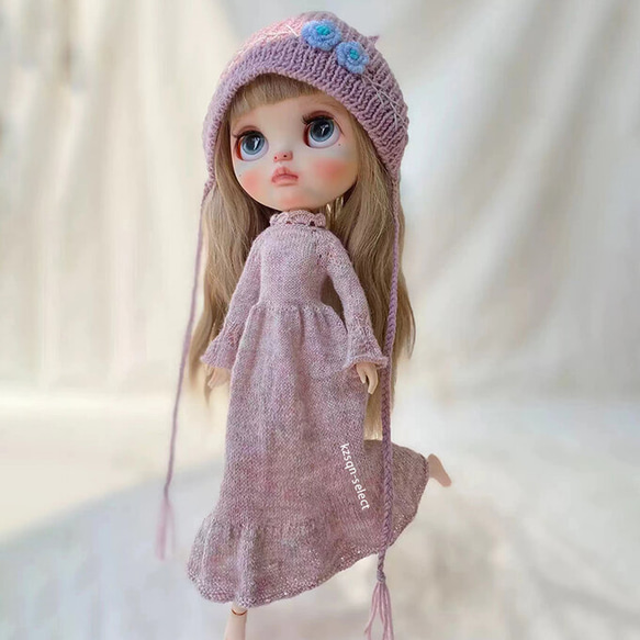 ブライス服2点セットニットワンピース帽子カシミヤドール衣装ob24  
