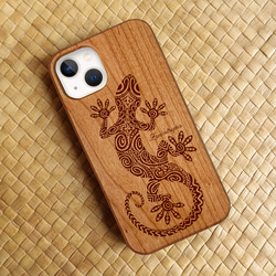 iPhone 【GECKO-2（家守）】梨&桜ウッドケース　納期長め　木製　ゲッコー　ハワイ　スマホケース　ヤモリ 2枚目の画像