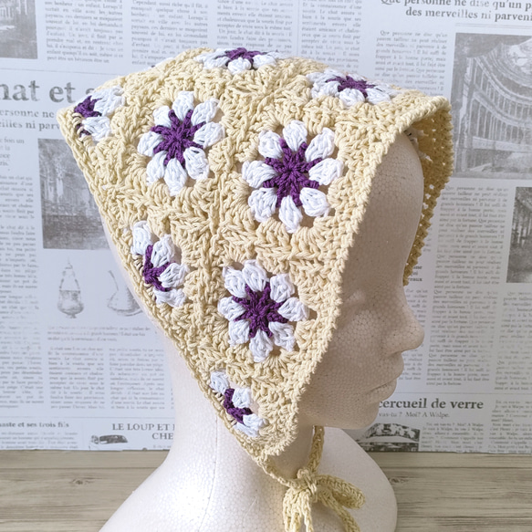 バブーシュカ スカーフ フラワーモチーフ かぎ針編み 三角巾 バンダナ