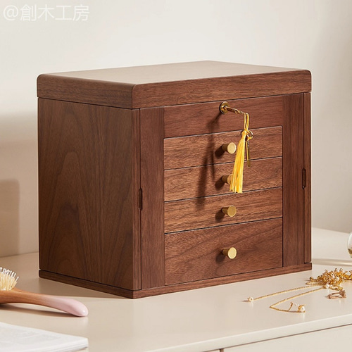 大容量・多層引き出し収納 木製アクセサリーボックス 化粧ミラー付き