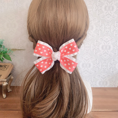 ハート柄×フリルリボン ピンク グレー ブラウン リボンヘア