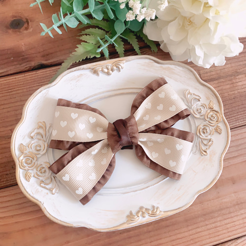 ハート柄×フリルリボン ピンク グレー ブラウン リボンヘア