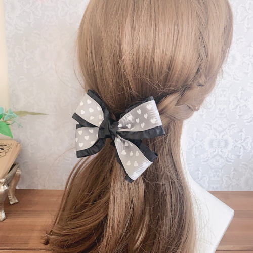 ハート柄×フリルリボン ピンク グレー ブラウン リボンヘア