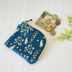 L字ファスナーポーチ ミニ財布 布製 ボタニカルキャット柄 スモークブルー 5枚目の画像