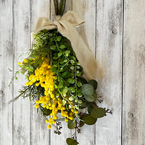 2024 *✲° 春を告げる♥幸せの花ミモザ♥ナチュラルスワッグ *✲° 玄関 スワッグ ミモザ 完成品 送料無料 ミモザスワッグ 春スワッグ