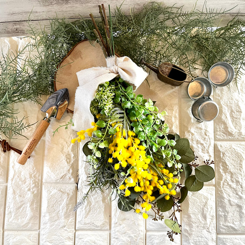 ミモザのスワッグ 玄関 ギフト 壁掛け インテリア雑貨 プレゼント