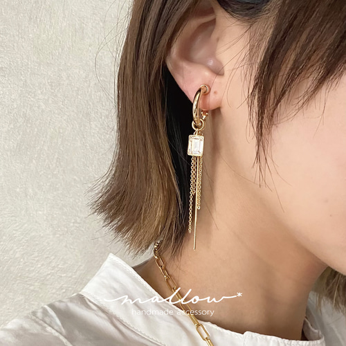 チャンキーフープ スクエアストーンピアス/イヤリング｜ゴールド