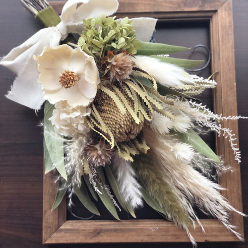 ホワイトXmas アンティークナチュラル　横型ドライフラワースワッグ45㎝ ホワイトXmas アンティークナチュラル 横型ドライフラワー