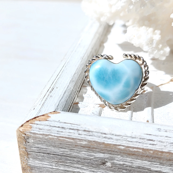 ❁Ocean blue heart larimar ring silver925 約14号❁超トップクオリティハートラリ 5枚目の画像