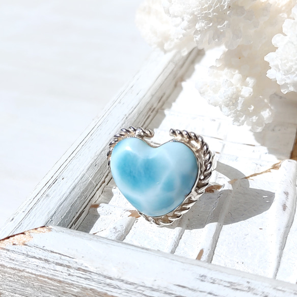 ❁Ocean blue heart larimar ring silver925 約14号❁超トップクオリティハートラリ 3枚目の画像