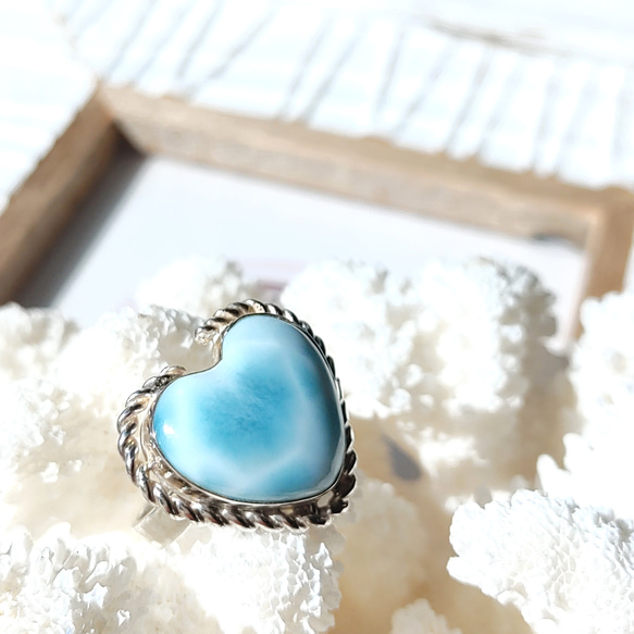 ❁Ocean blue heart larimar ring silver925 約14号❁超トップクオリティハートラリ 9枚目の画像