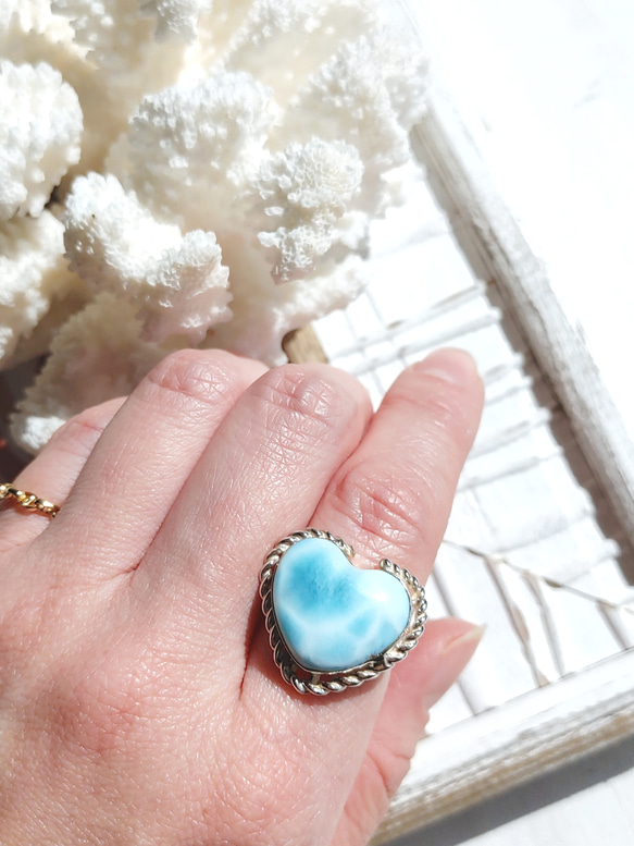 ❁Ocean blue heart larimar ring silver925 約14号❁超トップクオリティハートラリ 4枚目の画像