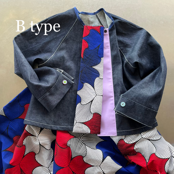 再再販！岡山デニム X アフリカ布 ゆったり設計の秋のトップス 11枚目の画像