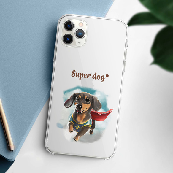 【 ヒーロー ダックスフンド 】 スマホケース　クリアソフトケース　犬　犬グッズ　プレゼント　アンドロイド対応 2枚目の画像