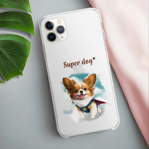 【 ヒーロー パピヨン 】スマホケース　クリアソフトケース　犬　犬グッズ　プレゼント　アンドロイド対応 3枚目の画像