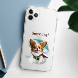 【 ヒーロー パピヨン 】スマホケース　クリアソフトケース　犬　犬グッズ　プレゼント　アンドロイド対応 2枚目の画像