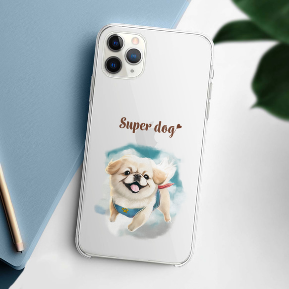 【 ヒーロー ペキニーズ 】 スマホケース　クリアソフトケース　犬　犬グッズ　プレゼント　アンドロイド対応 2枚目の画像