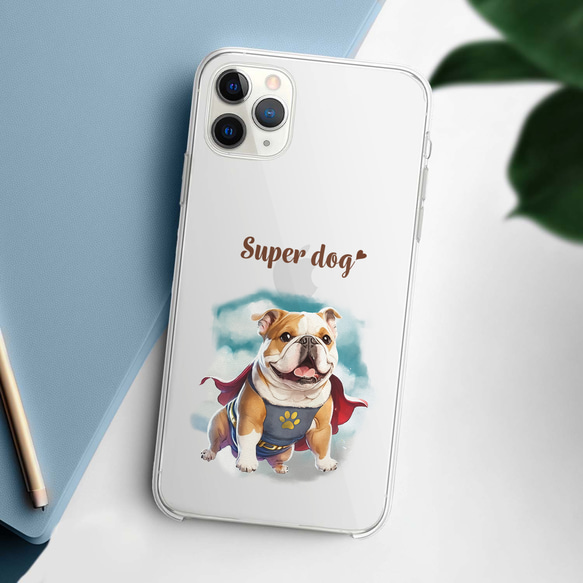 【 ヒーロー ブルドッグ 】 スマホケース　クリアソフトケース　犬　犬グッズ　プレゼント　アンドロイド対応 2枚目の画像