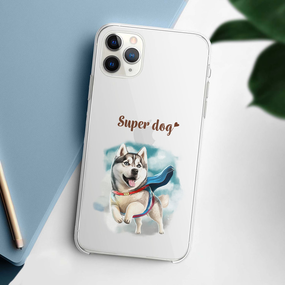 【 ヒーロー シベリアンハスキー 】 スマホケース　クリアソフトケース　犬　犬グッズ　プレゼント　アンドロイド対応 2枚目の画像