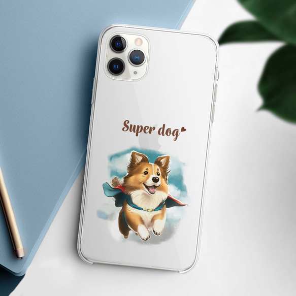 【 ヒーロー シェルティー 】 スマホケース　クリアソフトケース　犬　犬グッズ　プレゼント　アンドロイド対応 2枚目の画像