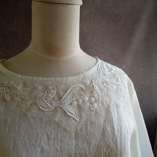 すずらんのレースブラウス ヴィンテージライクリネン 七分袖♫受注製  