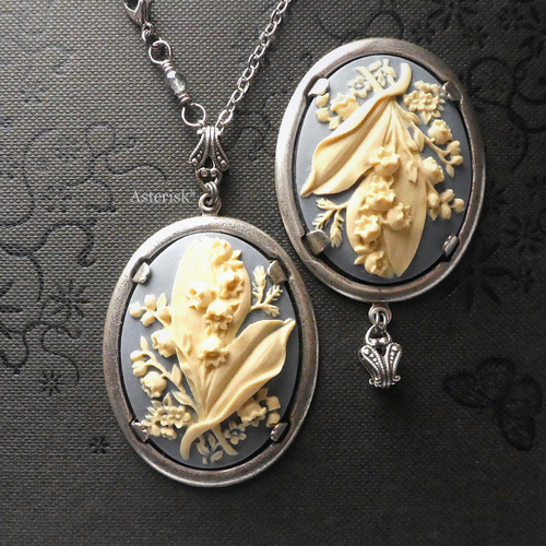 @アッコ-san Cameo Style カメオ風ネックレス&イヤリング セット 幸せの花 すずらんカメオ 40×30mm Lily of the Valley Cameo