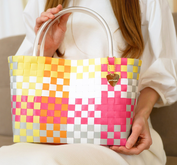 受注製作】マルチチェック M ピンクイエロー 2WAYプラカゴバッグ 受注製作】マルチチェック M ピンクイエロー 2WAYプラカゴバッグ