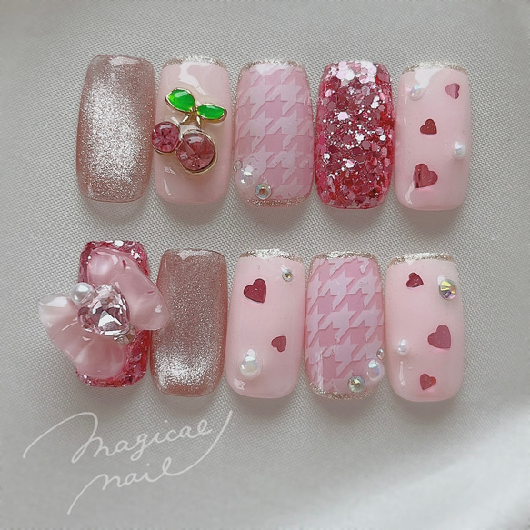 さくらんぼ&BIGリボン♥ピンク ハート ネイルチップ ホロ さくらんぼ&BIGリボン♥ピンク ハート ネイルチップ ホロ
