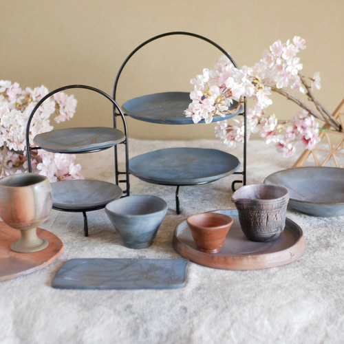 備前焼ケーキスタンド 青備前（中皿2枚セット）20*1cm 中皿 bizen