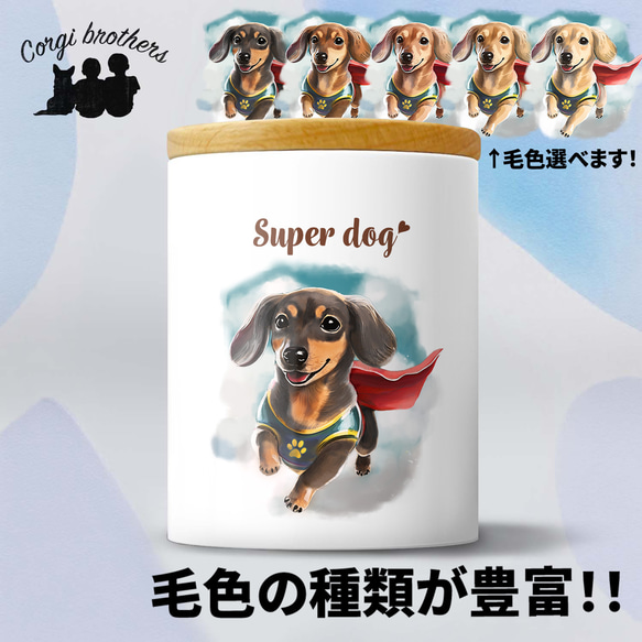 【 ヒーロー ダックスフンド 】 キャニスター　保存容器　お家用　プレゼント　犬　ペット　うちの子　犬グッズ 1枚目の画像