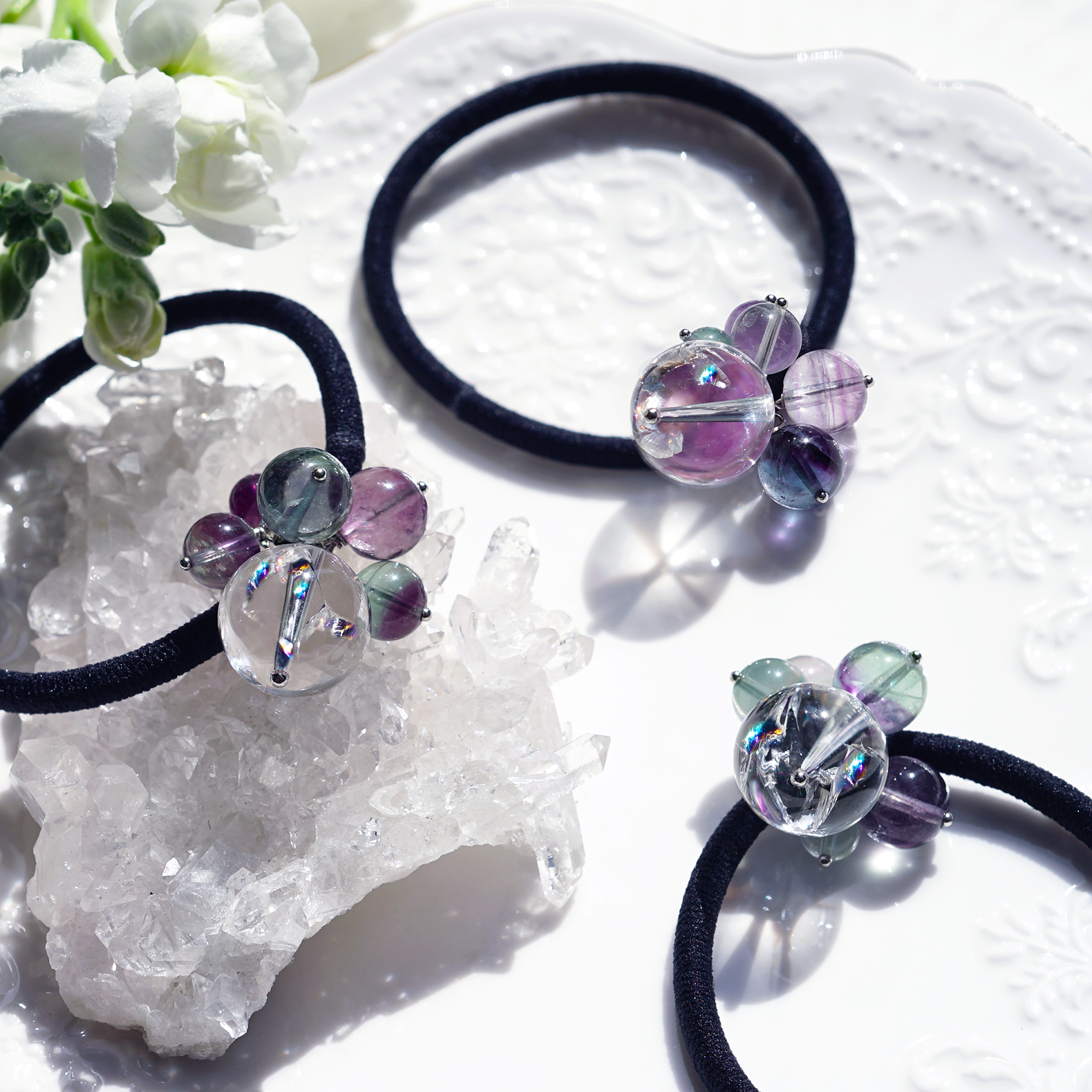 天然石のシャボン玉・アイリスクォーツのヘアゴム/ポニーフック　～Bulle de savon