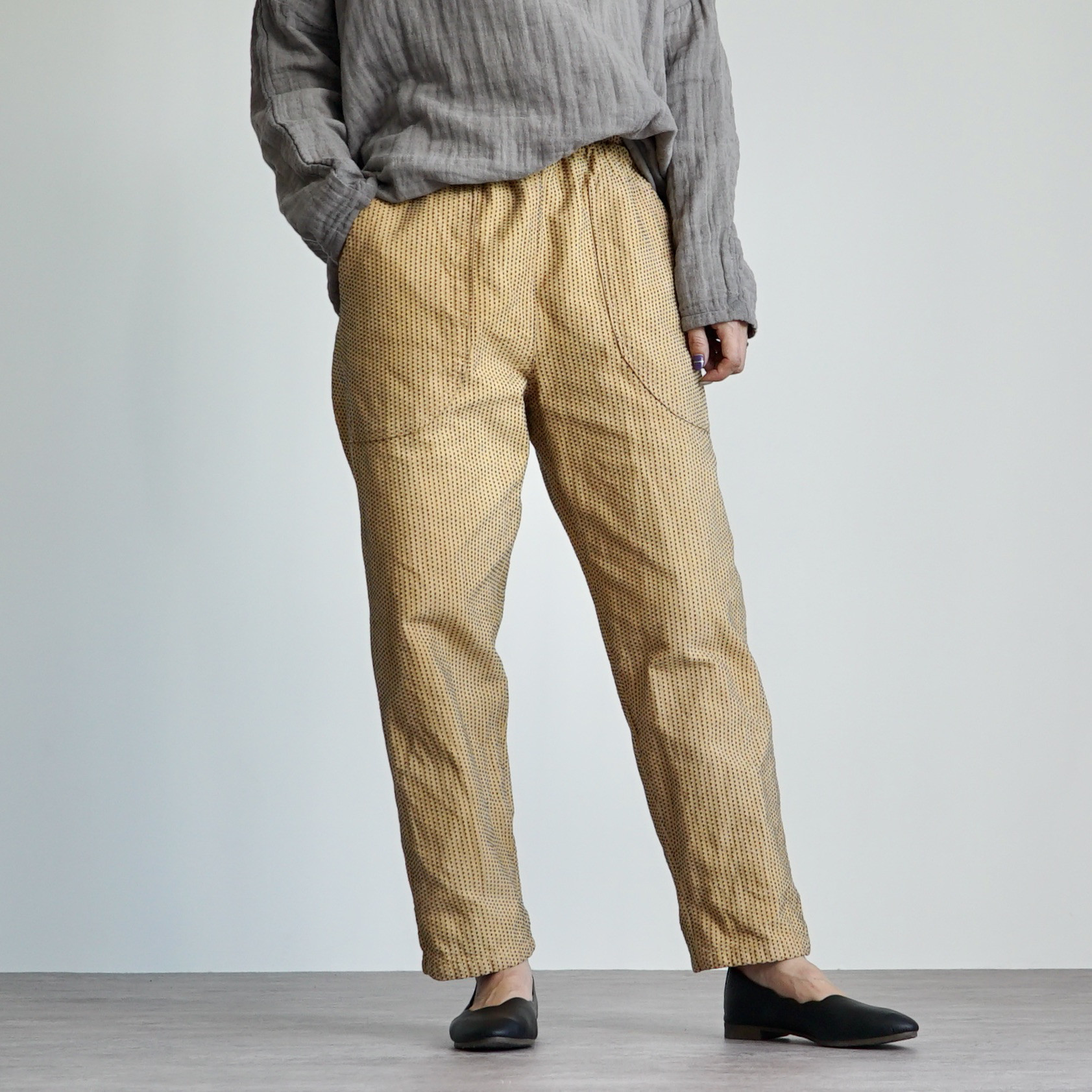 一本刺し子 スッキリサルエルパンツ/オレンジ/三河木綿 刺し子織