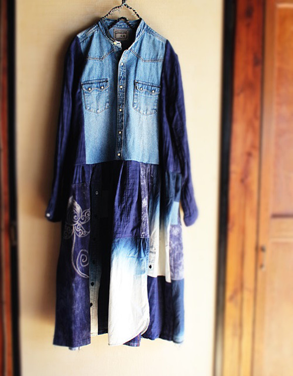 SAYOCAFEメイド、ブルー&ブルーのパッチワークワンピース ワンピース  