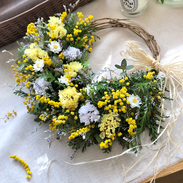 フラワーリース　アーティフィシャルフラワー　ミモザ　ナチュラル　造花　#133 即日☆【造花】アスカ/ミモザリース イエロー/A-31556-10 - 花材