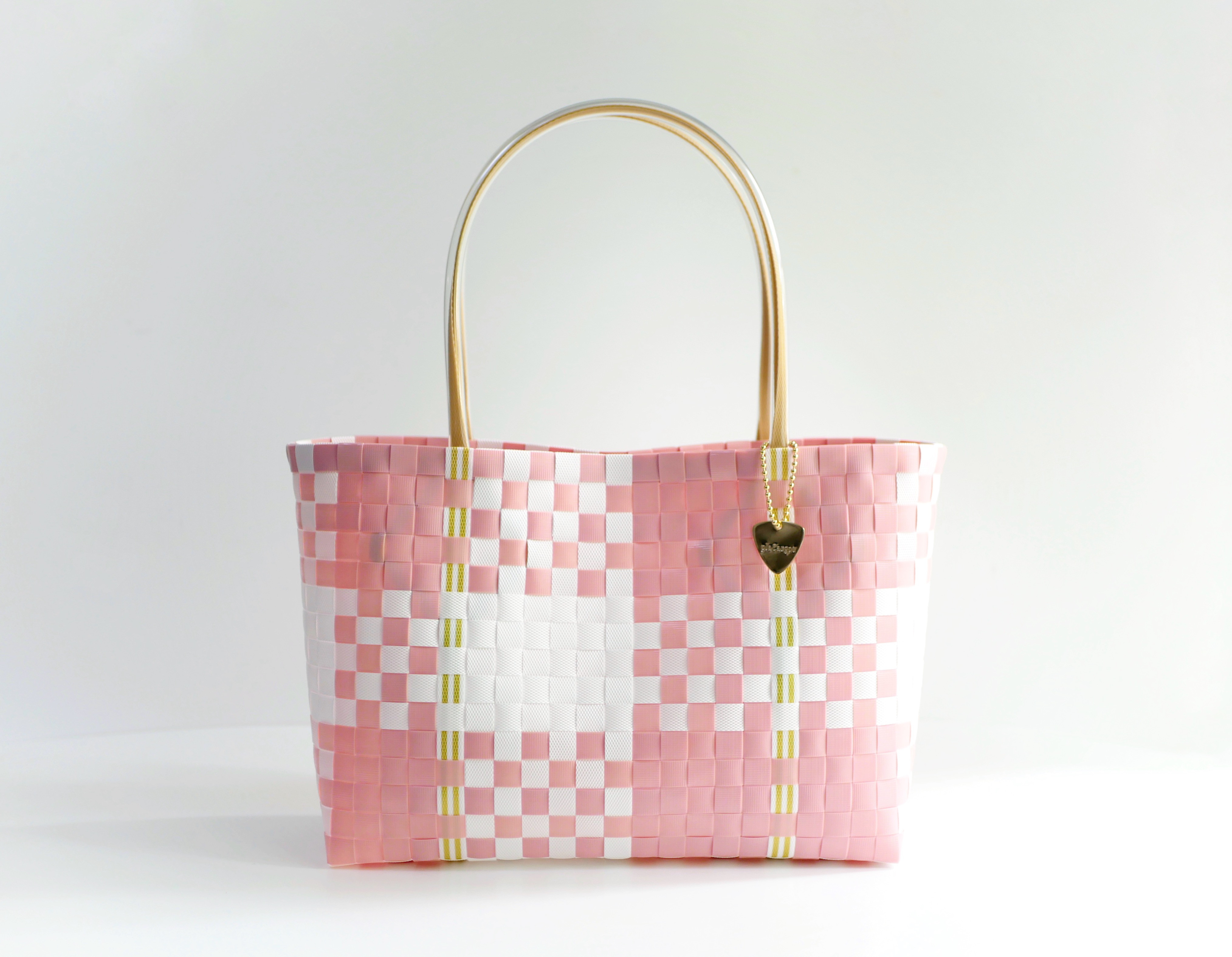 【受注製作】桜ピンクのチェック×ベージュハンドル  L　2WAYプラカゴバッグ　A4サイズ