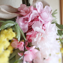 八重桜 桃花 ミモザのスワッグ ❁ お花見 誕生日 母の日 アートフラワー Creema限定 7枚目の画像