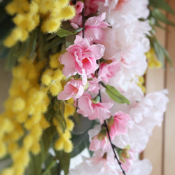 八重桜 桃花 ミモザのスワッグ ❁ お花見 誕生日 母の日 アートフラワー Creema限定 5枚目の画像