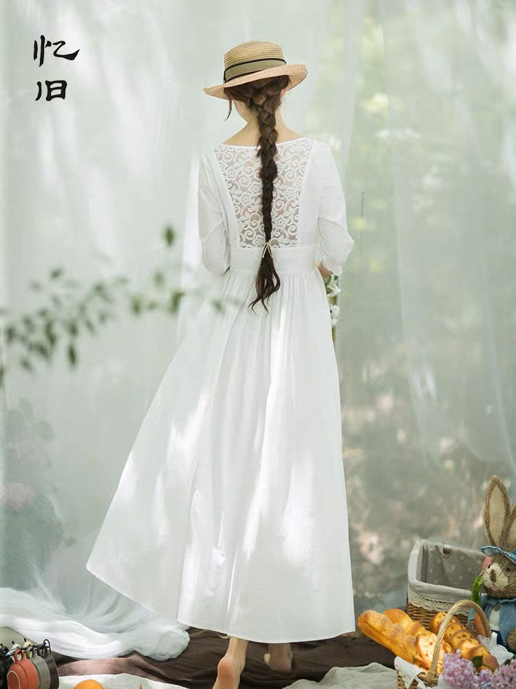 透け感バックレース　ロングワンピース　ポケット付き【春夏】ホワイト