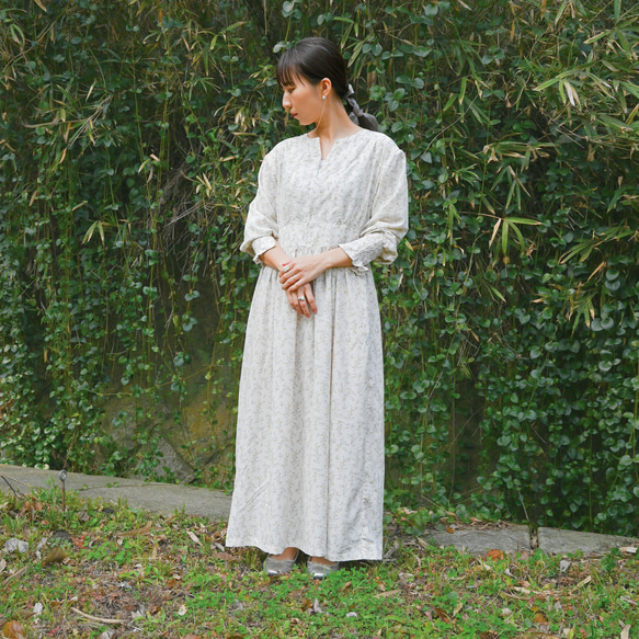 花柄ロングワンピース「ミモザ」【長袖〜五分袖に変わる！】【オールシーズン着れるワンピース】【臨月・授乳対応◯】 