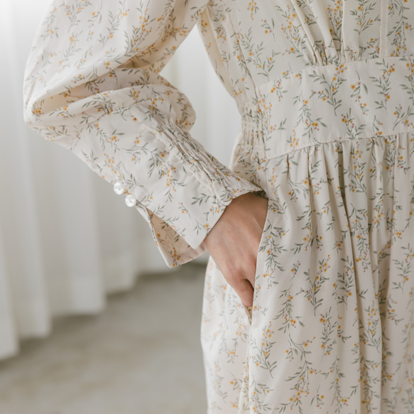 花柄ロングワンピース「ミモザ」【長袖〜五分袖に変わる！】【オールシーズン着れるワンピース】【臨月・授乳対応◯】 