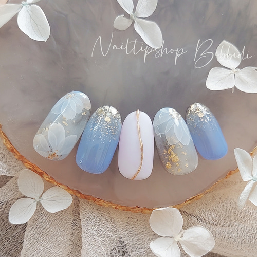 ブルーたらしこみフラワーネイル ネイルチップ（つけ爪） Nailtipshop  