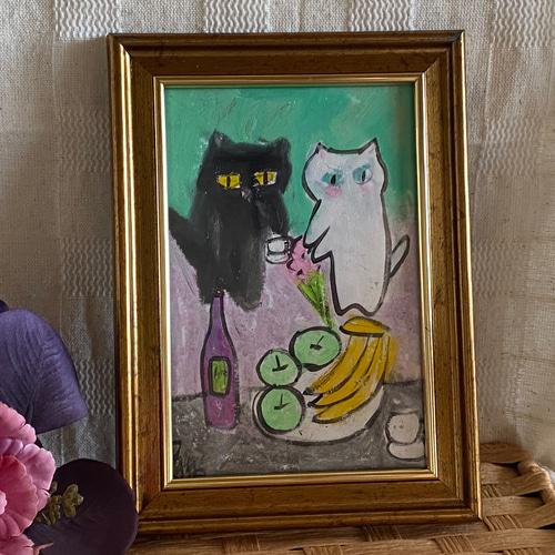 絵画。壁掛け絵原画手描き【ソファーでお菓子を食べようとしているかわいい猫たち】