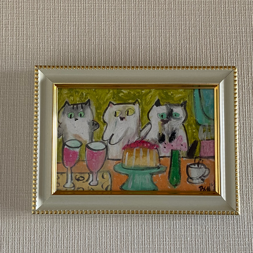 絵画 。壁掛け絵原画手描き【かわいい猫たちの楽しいワインパーティー】 絵画 。壁掛け絵原画手描き【かわいい猫たちの楽しいワイン