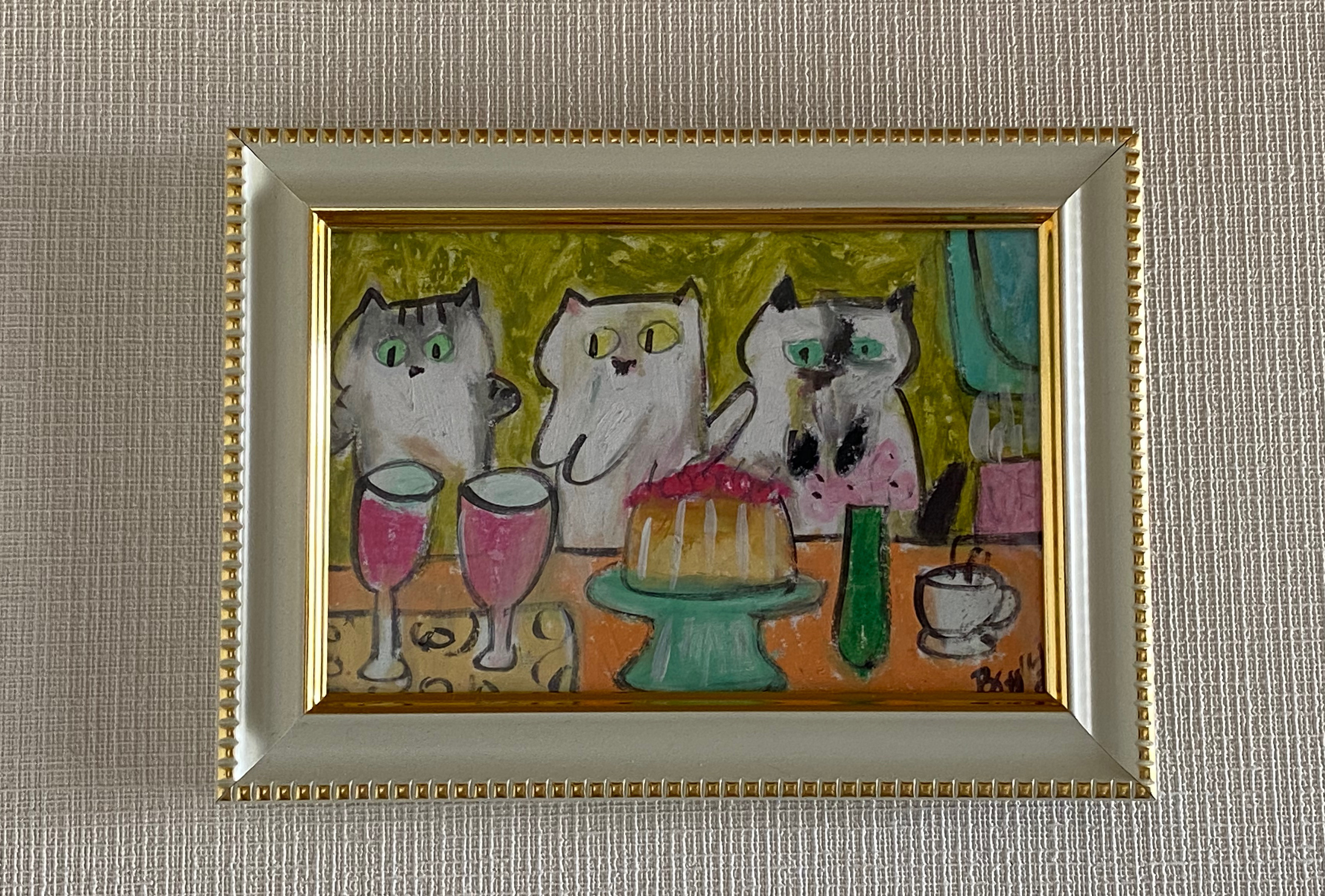 絵画 。壁掛け絵原画【テーブルの上の果樹と果物を食べたい太った猫】